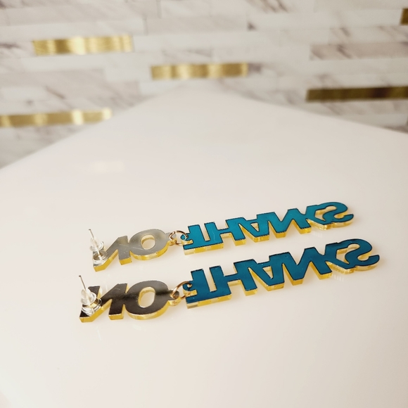 No Thanks Gold Letter Acrylic Earrings - Picture 3 of 3